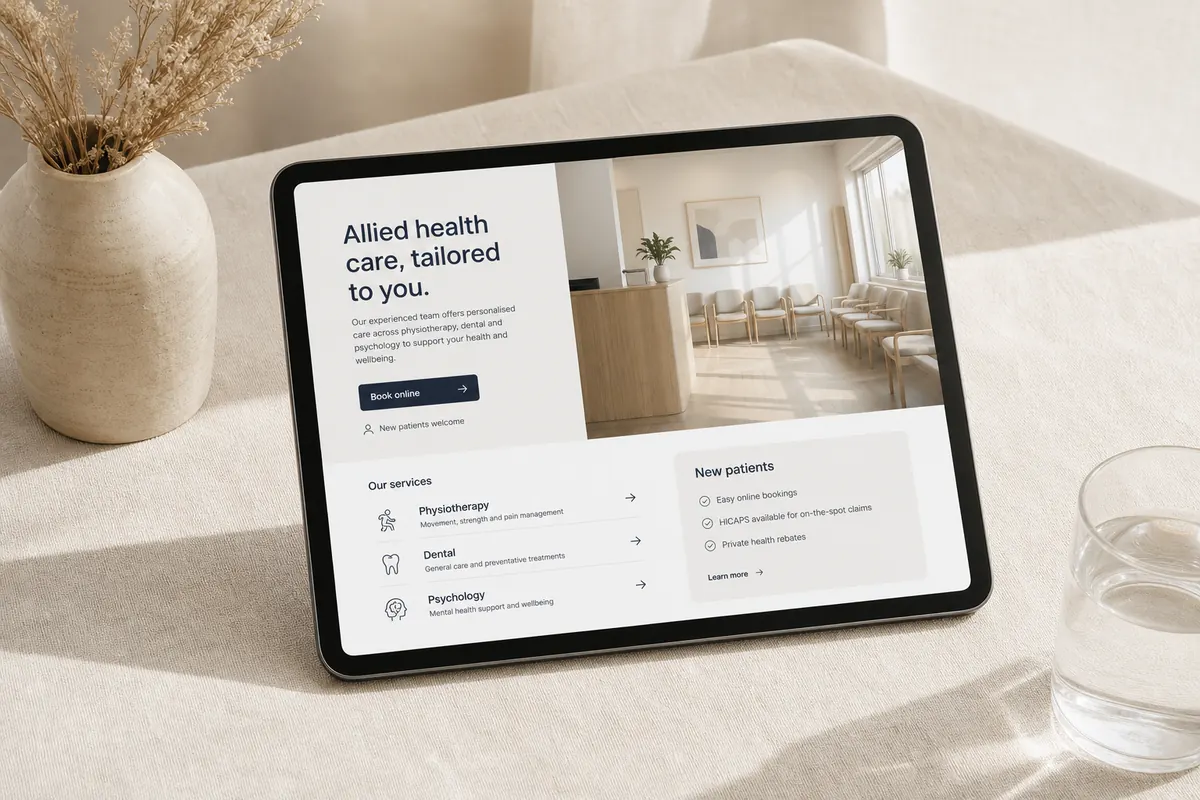 A clinic receptionist with the practice's new booking-focused website on screen.