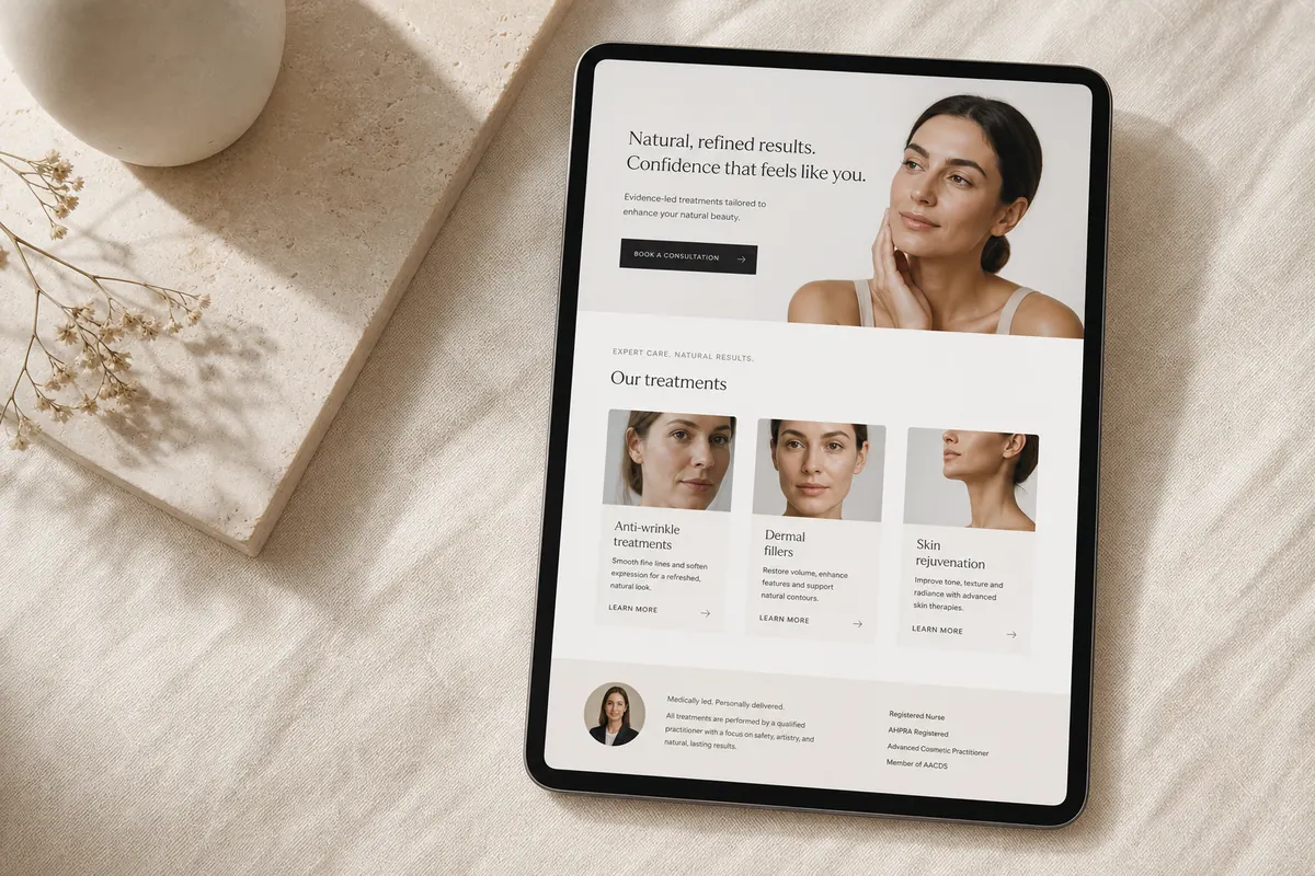 A cosmetic clinic's polished, premium website on a tablet.