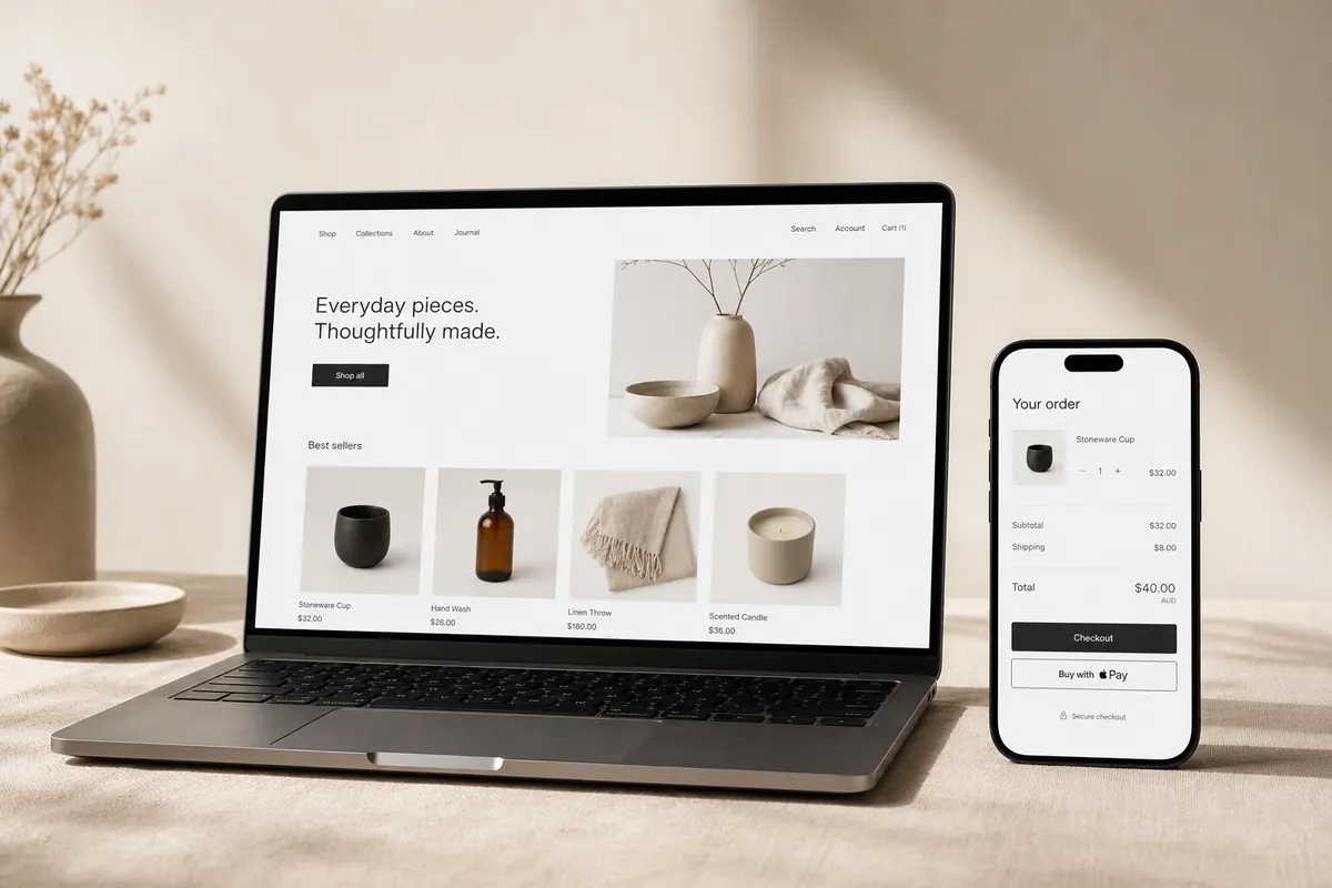 A retailer reviewing their online store on a laptop and phone.